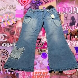 Fire & Rain blue butterfly flare jeans y2k britney spears gemstones